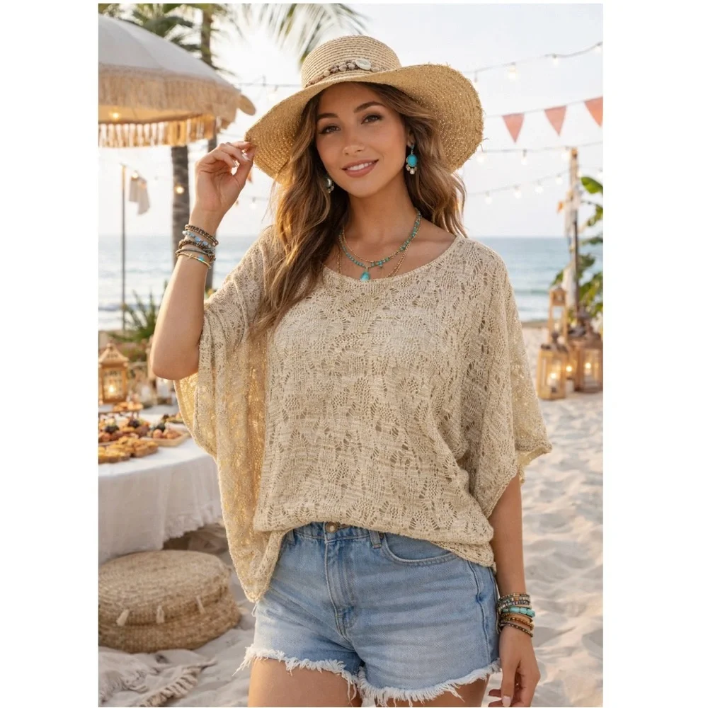 Marisa Christina Open Knit Lace Sheer Beige Metallic Dolman Sweater Top 3x Boho - Picture 1 of 7